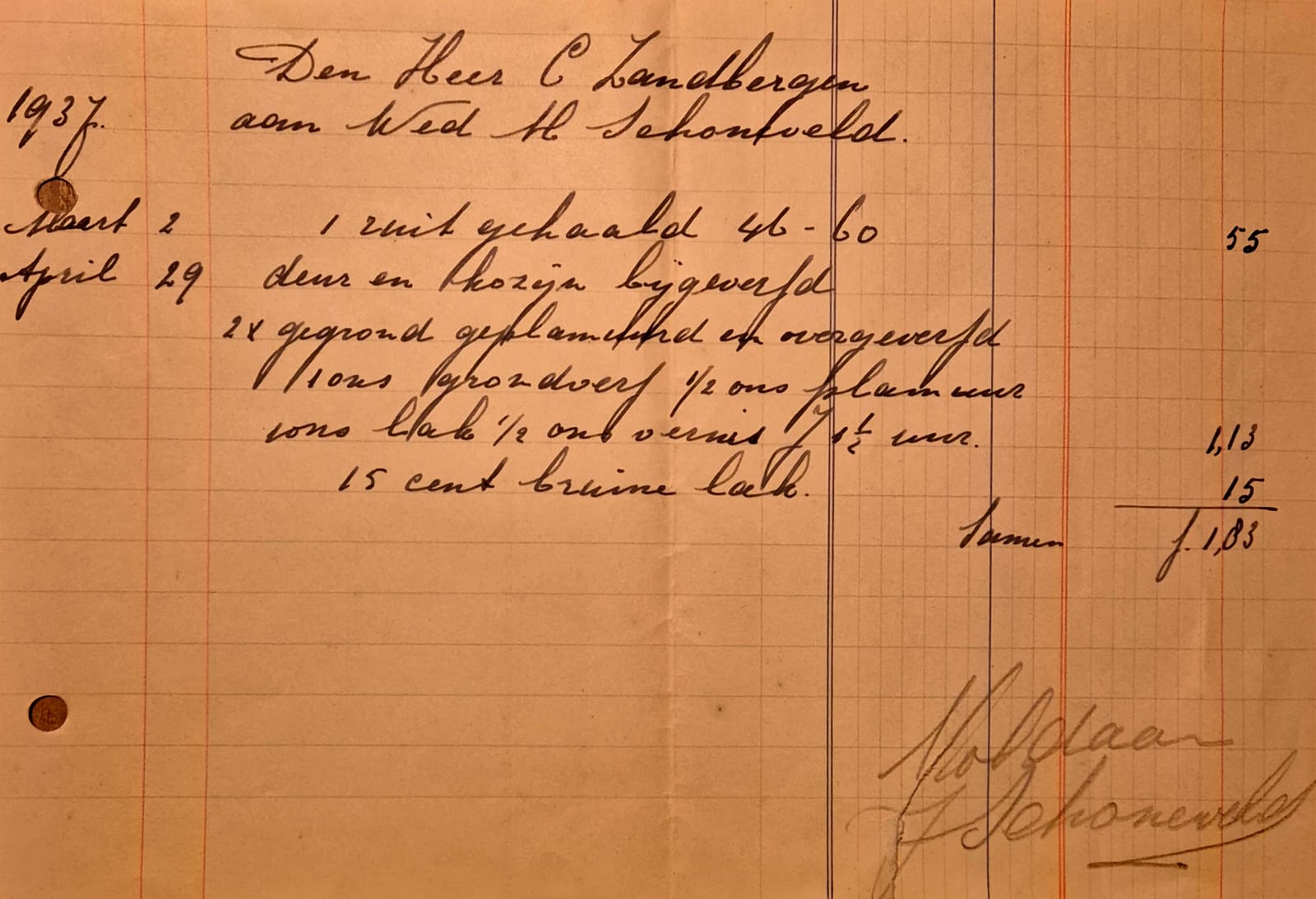Een factuur uit 1937 van mijn opa voor gedane werkzaamheden